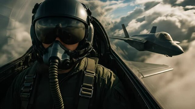 Fighter pilot flying an F-35 jet with another F-35 in formation behind, captured in cinematic style at high altitude. Thrilling and powerful military scene.
