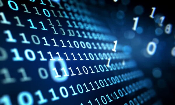 Abstract digital background features glowing binary code, ones and zeros, in a cool blue gradient with blurred effects
