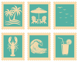 Vintage Beach Vacation Postage Stamp Illustrations Set