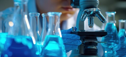 The scientist observing samples through a microscope in a modern laboratory environment.