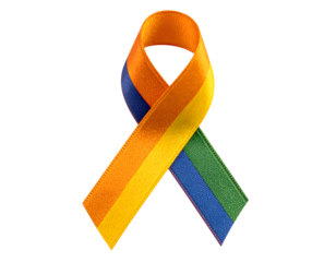 A vibrant looped ribbon displaying a spectrum of colors symbolizes pride, support, and awareness.