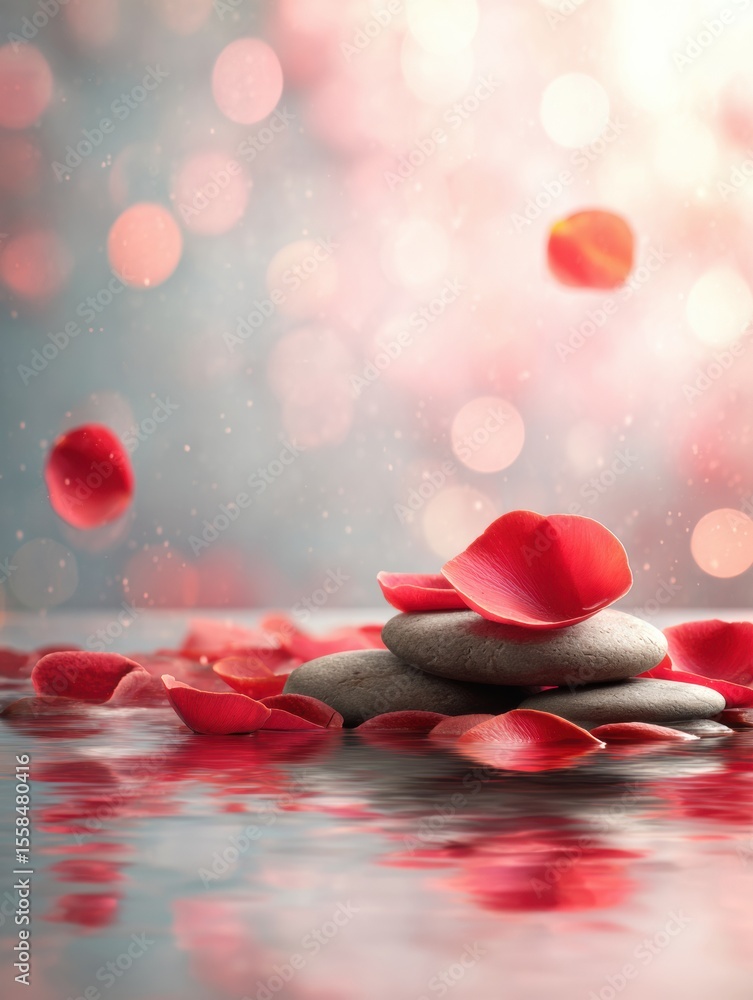 Poster glowing red rose petals floating gracefully across a soft pastel backdrop during a serene moment of 