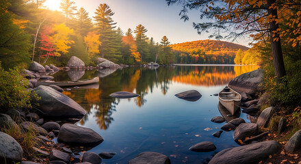 Obraz premium Serene Autumn Lake Landscape with Calm Water and Rocks