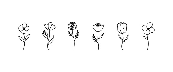 Simple Line Flowers. Minimalist floral icons featuring basic petal and leaf forms, ideal for modern patterns and branding elements.