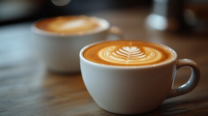 Latte art on two cups of coffee