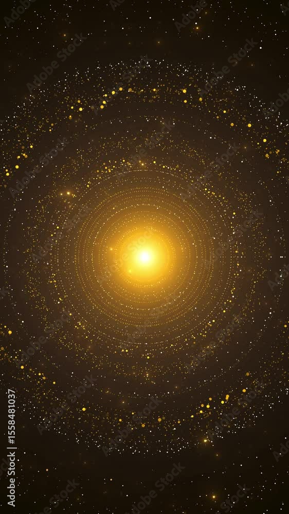 Poster golden glitter circles with sparkling lines of light sparkles on black background. golden spark part