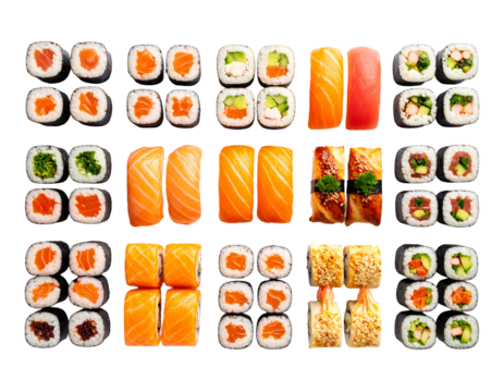 Assorted sushi nigiri maki rolls, Japanese cuisine delicacy, cut out transparent