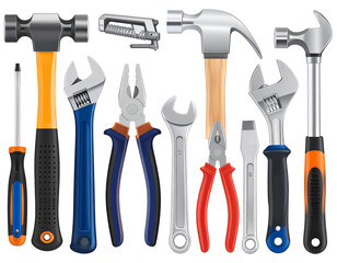 A set of various hand tools including wrenches, pliers, and screwdrivers arranged neatly on a light solid color background