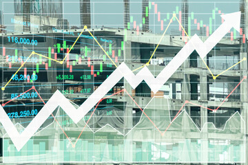 Stock financial index data show successful investment on construction industry with graph, chart, candlesticks diagram and arrow up symbol on building construction site background.
