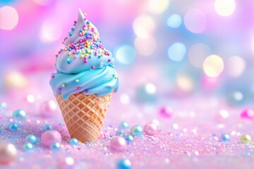 A pastel ice cream cone with sprinkles on a pink background with bokeh and pearl like decorations