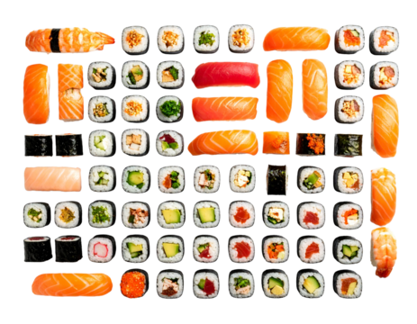 Assorted sushi nigiri maki rolls, Japanese cuisine delicacy, cut out transparent