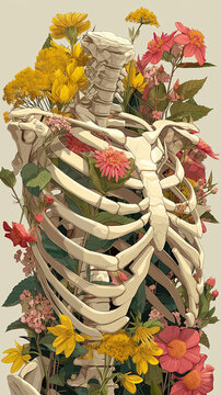 Esqueleto con flores surrealista, Costillas humanas con flores art&iacute;sticas, Naturaleza y huesos arte conceptual, Ilustraci&oacute;n de esqueleto con flores coloridas, Naturaleza muerta, bodeg&oacute;n