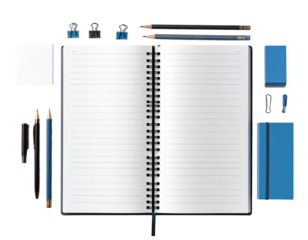 Books and notebooks and kindle on white desktop