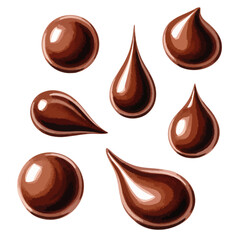 Different shapes of chocolate syrup drops isolated in a transparent PNG background – watercolour art
