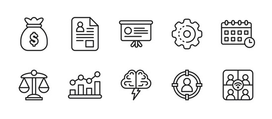 Business icon set in outline style featuring essential symbols for finance, career, productivity, legal, growth, teamwork, and corporate development.
