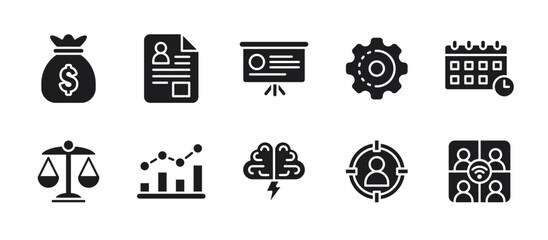 Business icon set in glyph style with bold, professional symbols covering finance, career, strategy, teamwork, innovation, and corporate success.