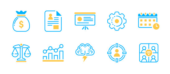 Business icon set in dualtone style for finance, career, teamwork, productivity, legal compliance, corporate growth, and innovation.