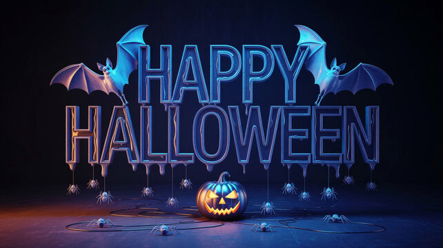 Happy halloween greeting with glowing blue elements