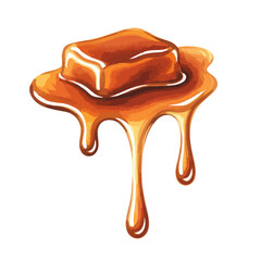 Caramel cube with caramel drizzle below it isolated in a transparent PNG background – watercolour art