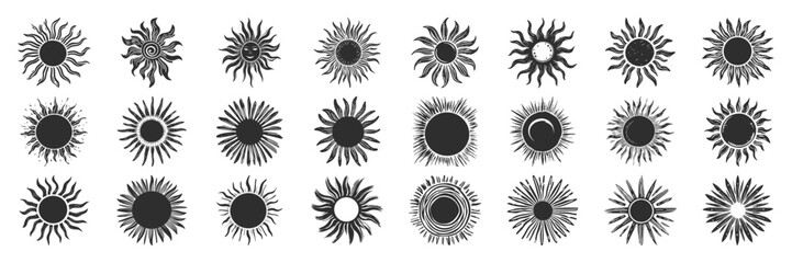 Sun Icon Silhouette Set. Diverse Sunburst Designs For Art And Decoration. Isolated Vector Illustration Collection