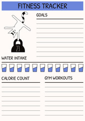 Funny Fitness Tracker template design. Vector illustration of Fitness workout schedule notes goal lines and cute silly cat. Perfect sport Plan layout. EPS 10