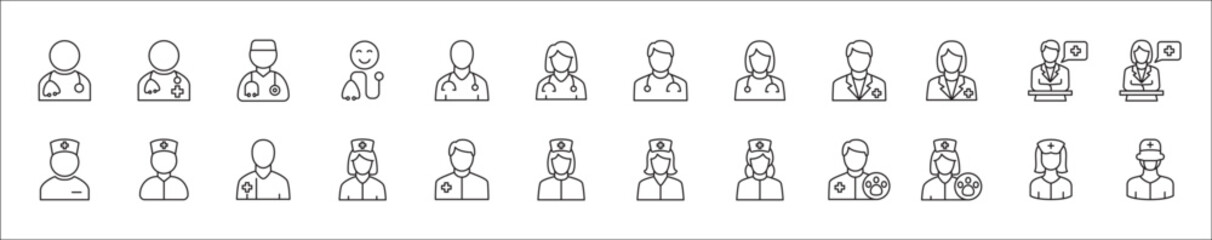 Doctor icons collection. Healthcare doctor icon set. Health consulting symbol. Icon symbol compatible for clinic, hospital, nurse, health consulting, consultation, staff. Vector illustration