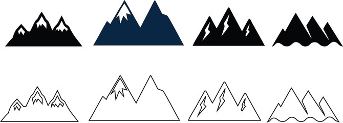 mountain silhouette and line art icons, ideal for hiking, camping, nature, and wilderness branding.