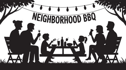 Black Silhouette Family Enjoying Outdoor Neighborhood B Q Picnic Under Trees String Lights vector