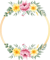 Gold Circle Frame Beautiful Pink and yellow Watercolor Flower Arrangement