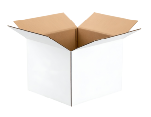 A pristine, empty corrugated cardboard box stands open, its inner brown flaps visible and ready for use.