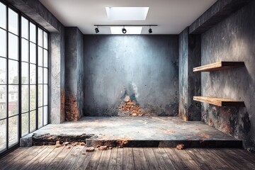 Rustic loft interior with exposed brick and wood