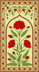 Elegant Mughal-Inspired Floral Design Red Carnations in Archway Frame