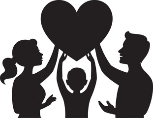 Black Silhouette Family Raising Large Heart Vector Graphic love