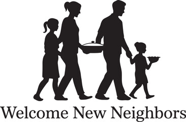 Black Silhouette Family Walking Carrying Dishes Welcome New Neighbors Vector Graphic white