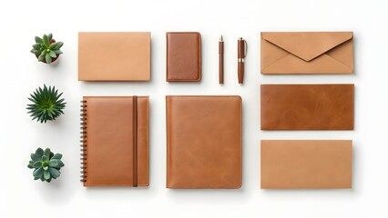 Fototapeta premium Flat lay of elegant brown leather stationery and succulents on a white background