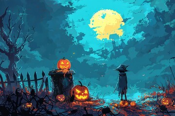 Halloween night scene with jack-o'-lanterns and a figure.