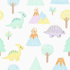 Obraz premium Whimsical Pastel Dinosaur Landscape with Volcanoes and Trees in a Childlike Crayon Style Seamless Pattern