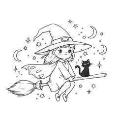 A cheerful young witch rides a broomstick with her black cat companion, under a sky filled with stars and crescent moons.