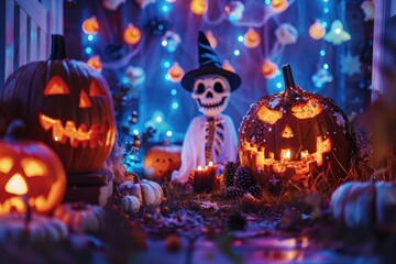 Halloween decorations with carved pumpkins and a skeleton.