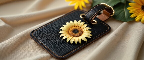 Close-Up Black Leather Luggage Tag with Sunflower Detail