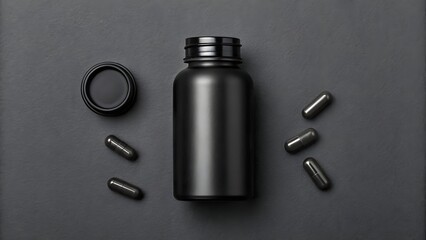 Matte black pill bottle and capsules on a dark textured background