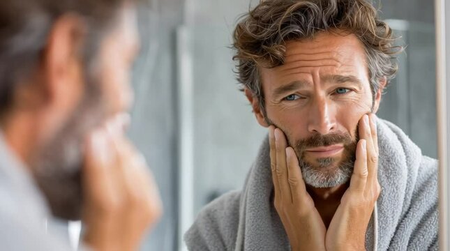 Reflections of Self-Doubt: A man confronts his reflection, his expression a poignant blend of concern and uncertainty, conveying a sense of introspective struggle. 