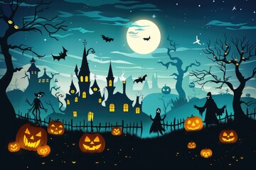 Halloween night scene with spooky figures and jack-o'-lanterns.