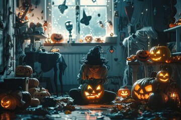 Halloween themed room with child and pumpkins.