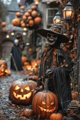Halloween display with carved pumpkins and spooky figures.