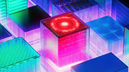Artificial Intelligence Server Big Data storage Machine. Learning Algorithms. Cubes. Processes AI Optimization Digital Technology. 3d Illustration