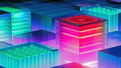 Artificial Intelligence Server Big Data storage Machine. Learning Algorithms. Cubes. Processes AI Optimization Digital Technology. 3d Illustration
