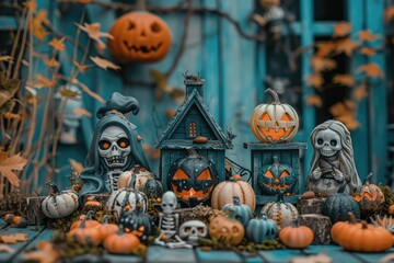 Halloween decorations arranged on a wooden surface.
