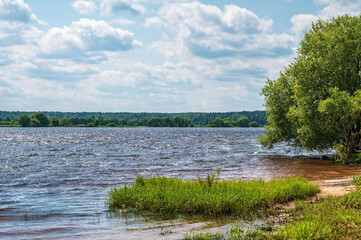 Landscape with river water's edge, far forest under blue sky with white clouds. Natural summer background.