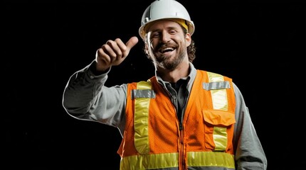 Construction worker's Approval: An construction worker wearing a helmet and a vest gives a thumbs-up, symbolising endorsement or approval, conveying an affirmative gesture against a dark background.